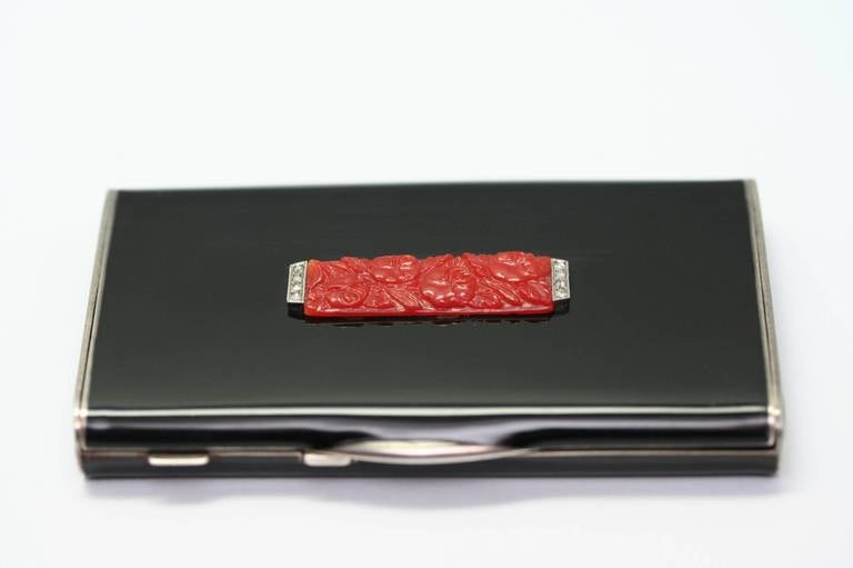 Art Deco Beauty Enamel Coral Diamond Silver Beauty Box