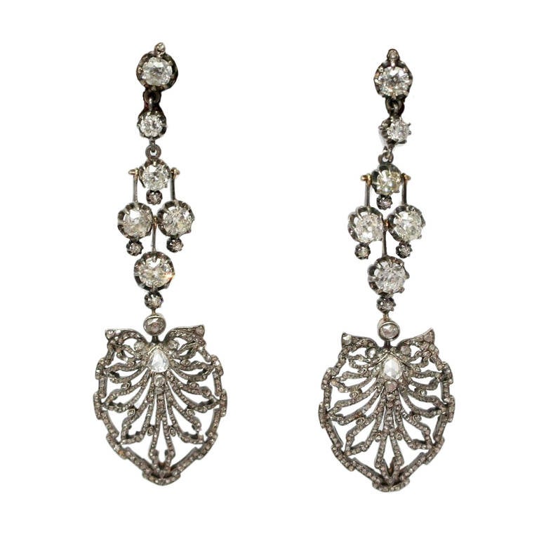 Late 19th Century Diamonds Silver Gold Earrings