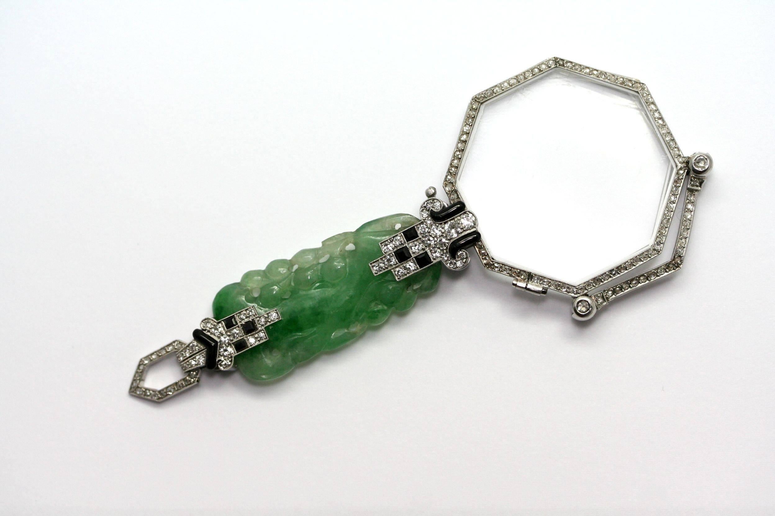 Janesich Belle Époque Foldable Onyx Jade Diamond Platinum Lorgnette In Excellent Condition In Monte Carlo, MC