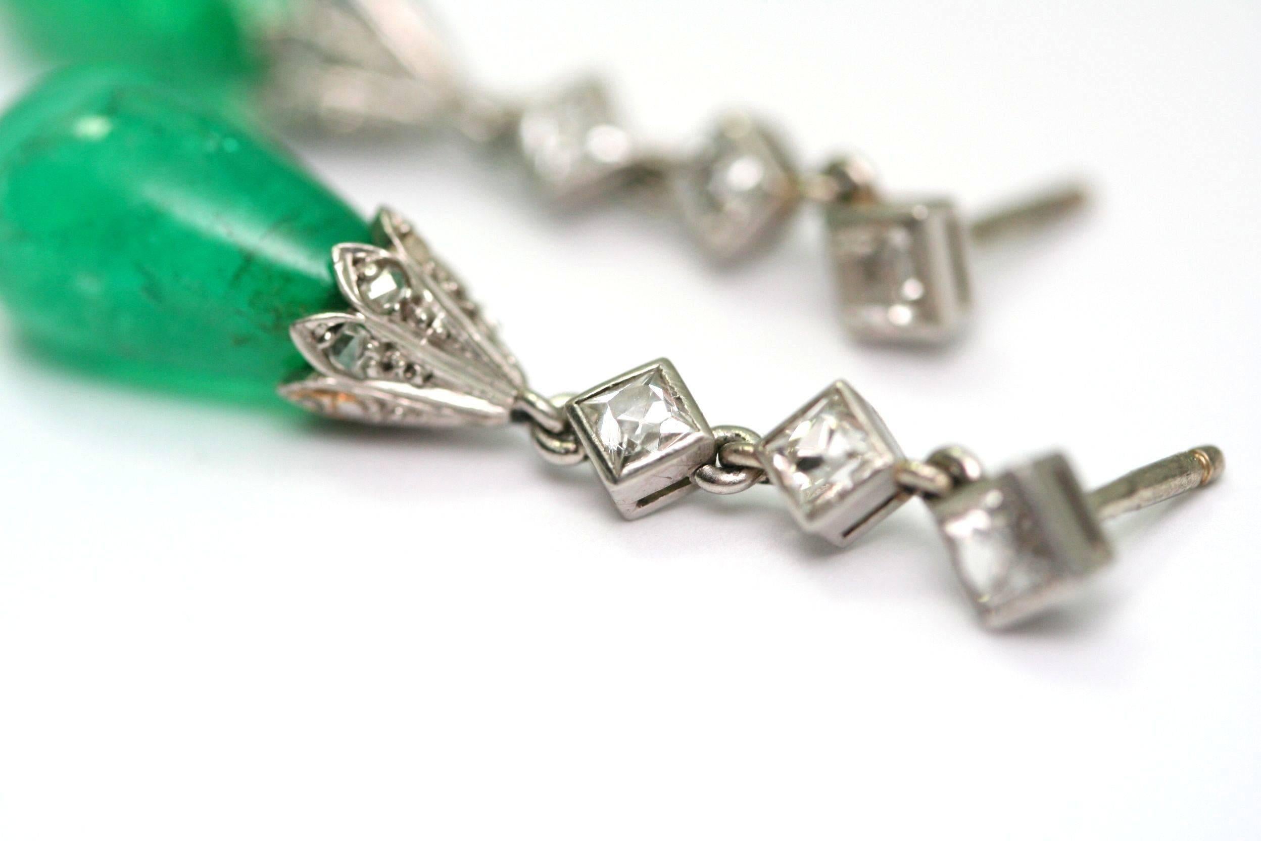 Women's Art Deco emerald diamond platinum drop earrings 