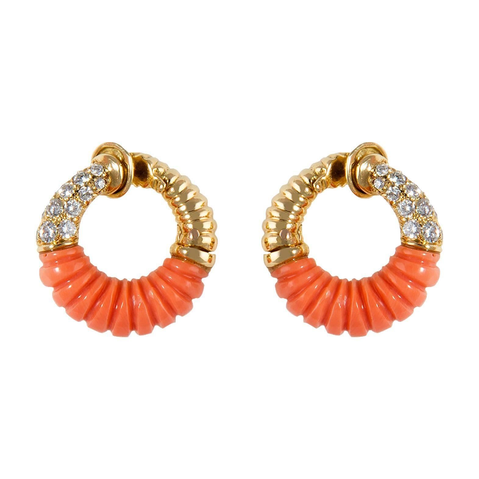 1970 Van Cleef & Arpels yellow gold earrings set with coral, diamonds, signed and numbered B3058K23, 2cm high (11.1 gms) 3520.