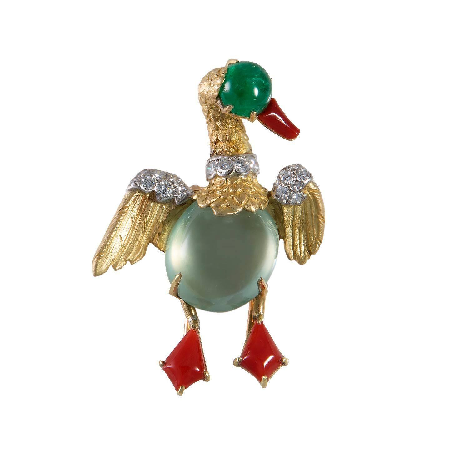 Women's Cartier Coral Moonstone Emerald Diamond Gold Platinum Duck Pin