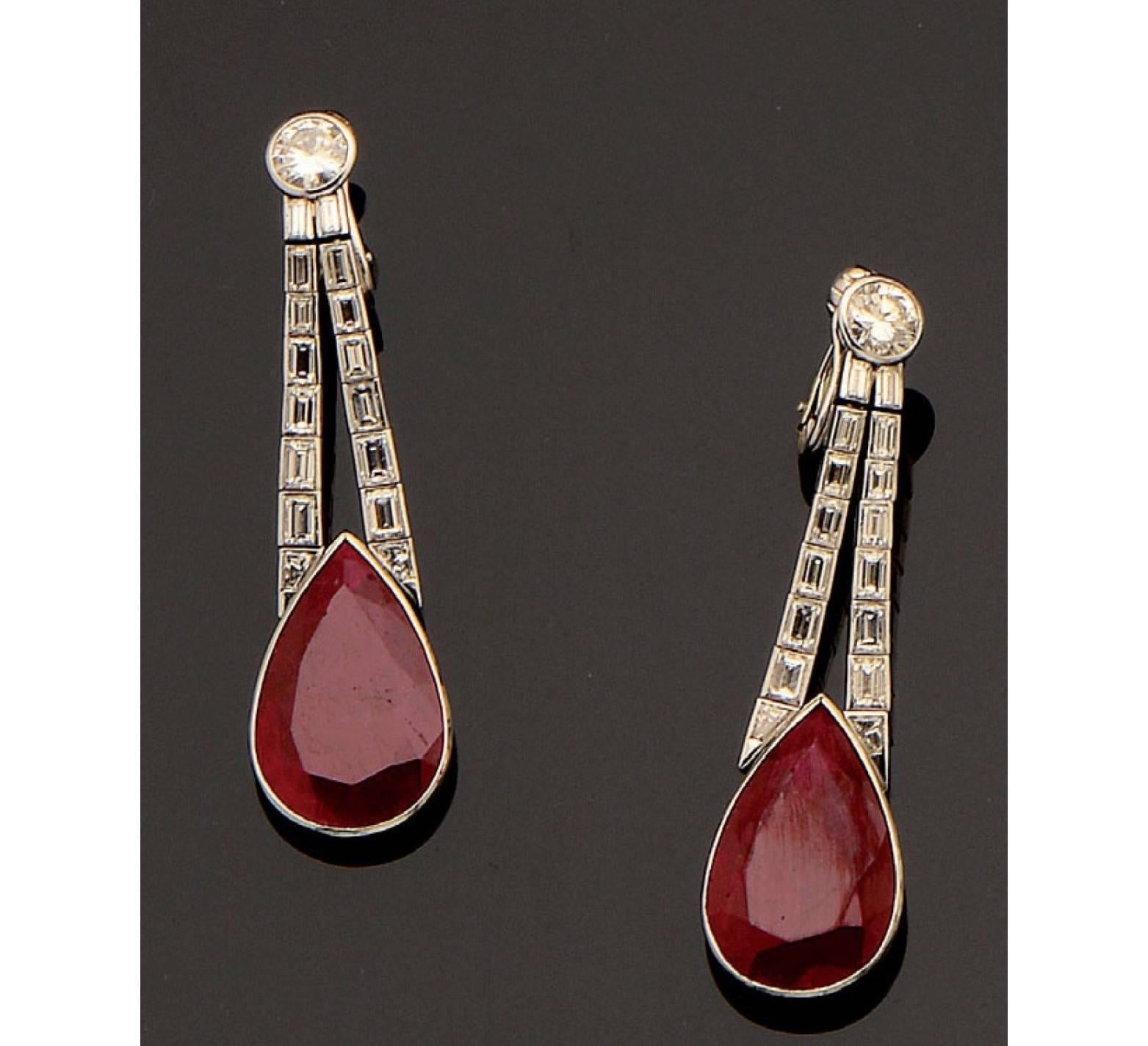 Ruby Diamond Platinum Drop Earrings In Excellent Condition In Monte Carlo, MC