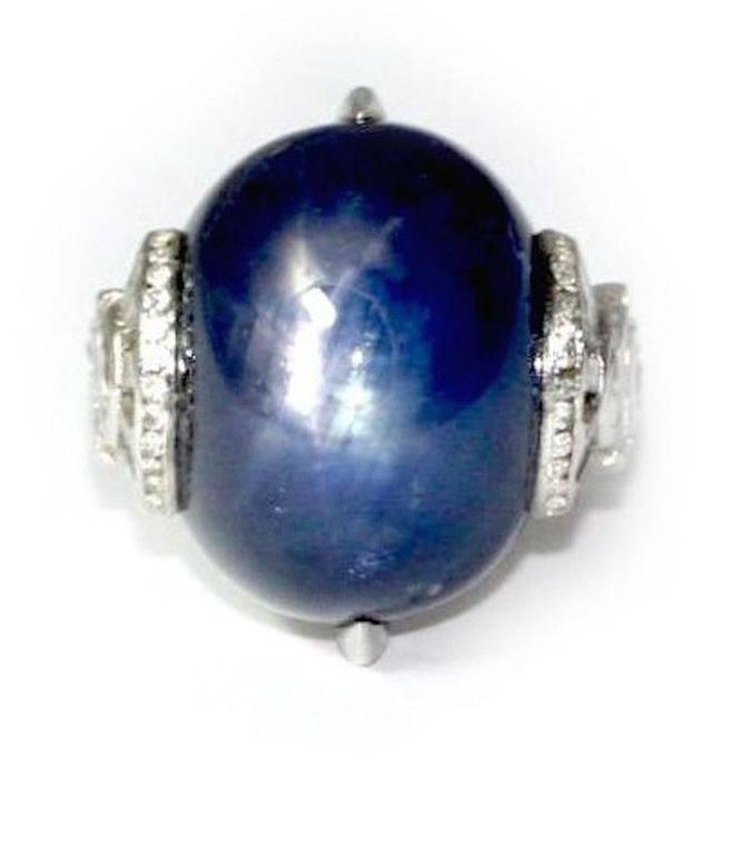 Art Deco Cabochon Star Sapphire Diamond Platinum Cocktail Ring at ...