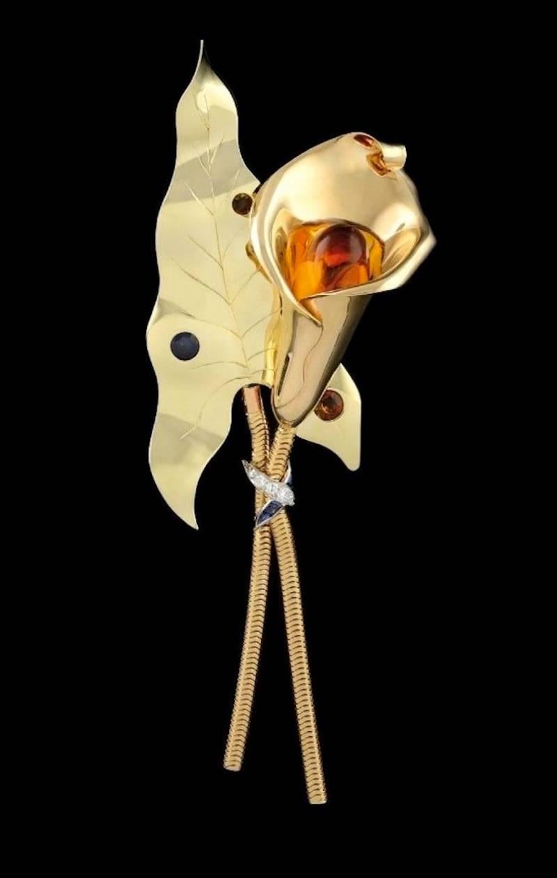 1941 Cartier New York Citrine Sapphire Gold Brooch In Excellent Condition In Monte Carlo, MC