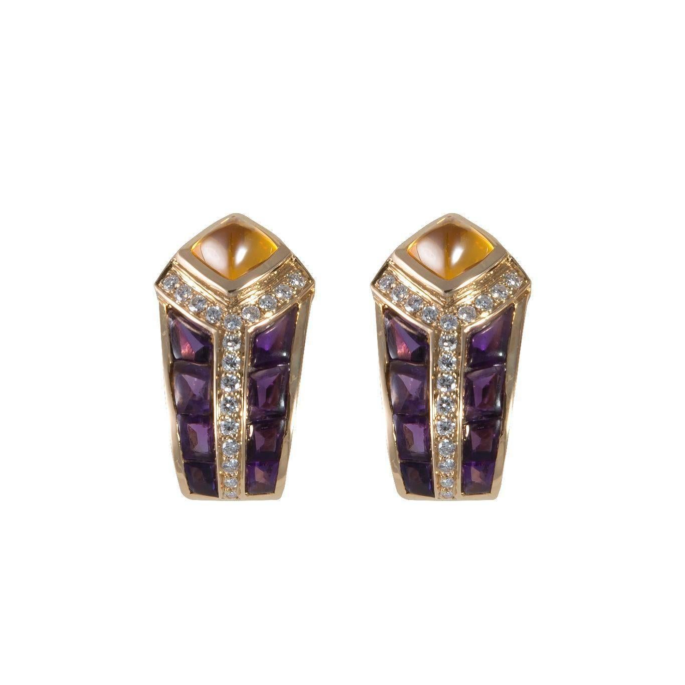 FRED pair of yellow gold clips set with amethysts, diamonds and citrines, signed (15 grams)