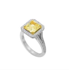 2.44 Carat GIA Cert Y-Z Yellow Radiant Cut Diamond Two Color Gold Halo Ring