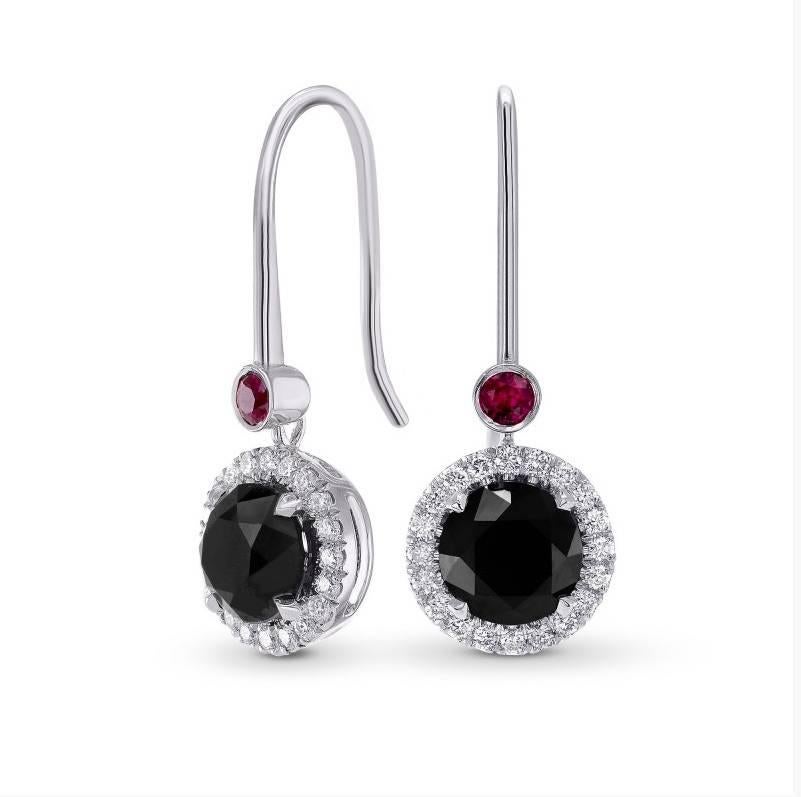Simply Exquisite...Black (Heated) round brilliant diamond earrings, with round rubies and white round brilliants around the halo. Mounted in 18K white gold.