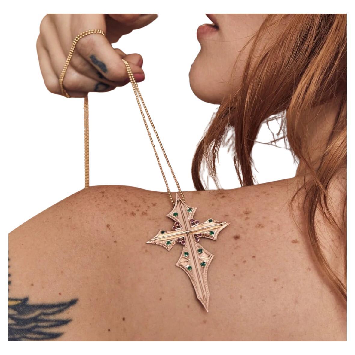 Yellow Gold Ruby & Emerald Cross Pendant