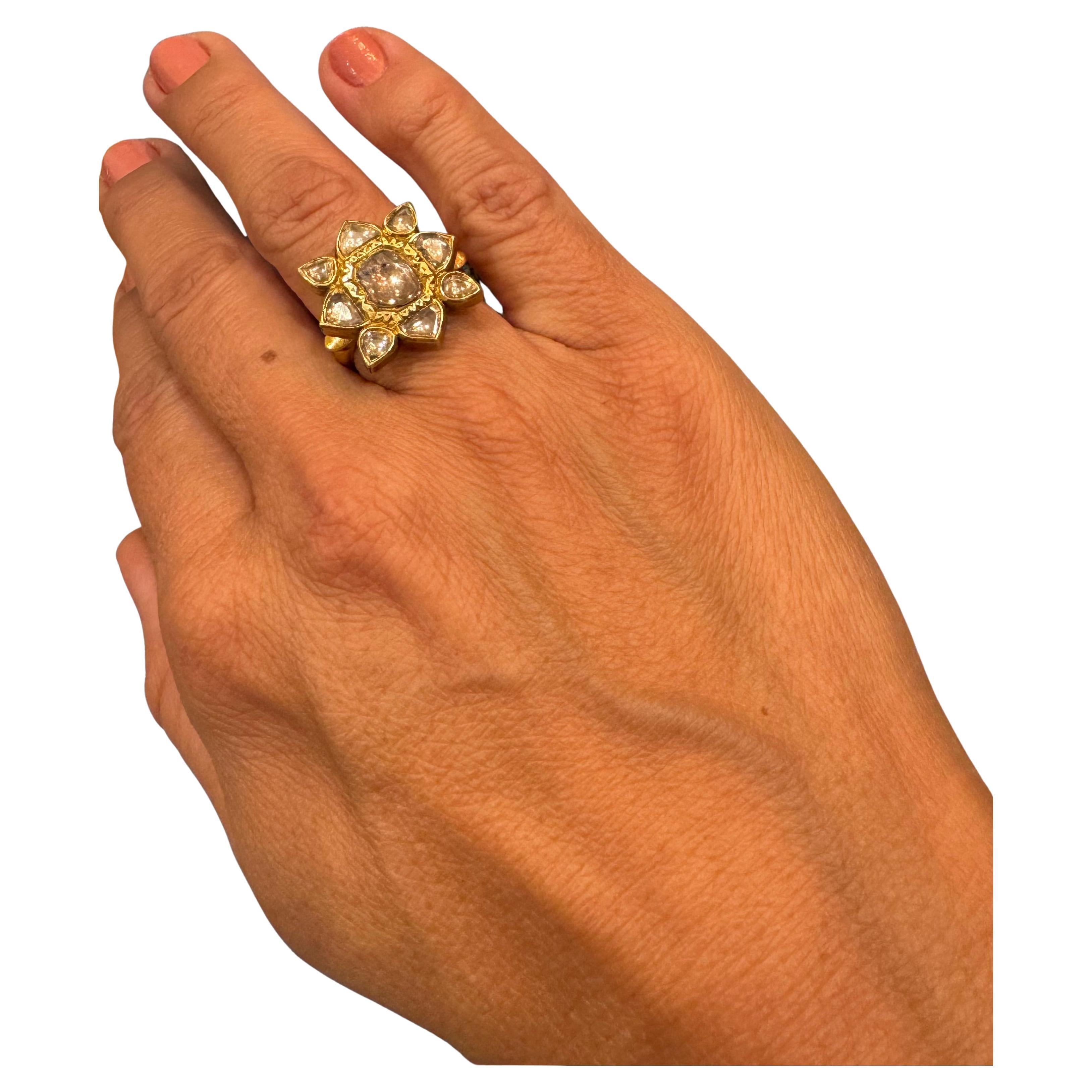 18K Yellow Gold Vintage Ring
8 Flower Petals, Shaped With 18K Gold
Diamond: 1.15 CT Weight each
Flower Size: 2mm x 1.9mm