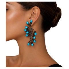 Turquoise Pavé Branch Statement Long Drop Earrings