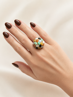 Yellow Gold Multicolored Cabochon Gemstone Dome Ring