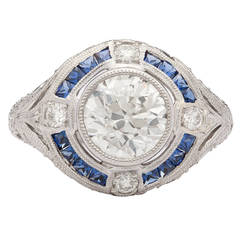 Old European Cut Sapphire Diamond Platinum Ring 6