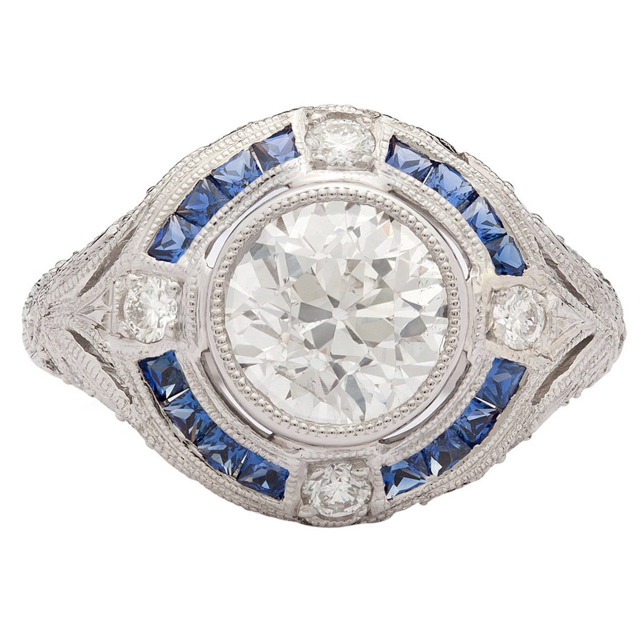 Old European Cut Sapphire Diamond Platinum Ring