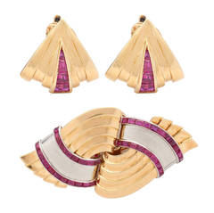 Tiffany & Co. Retro Ruby Gold Platinum Double Clip and Earring Jewelry Suite 4