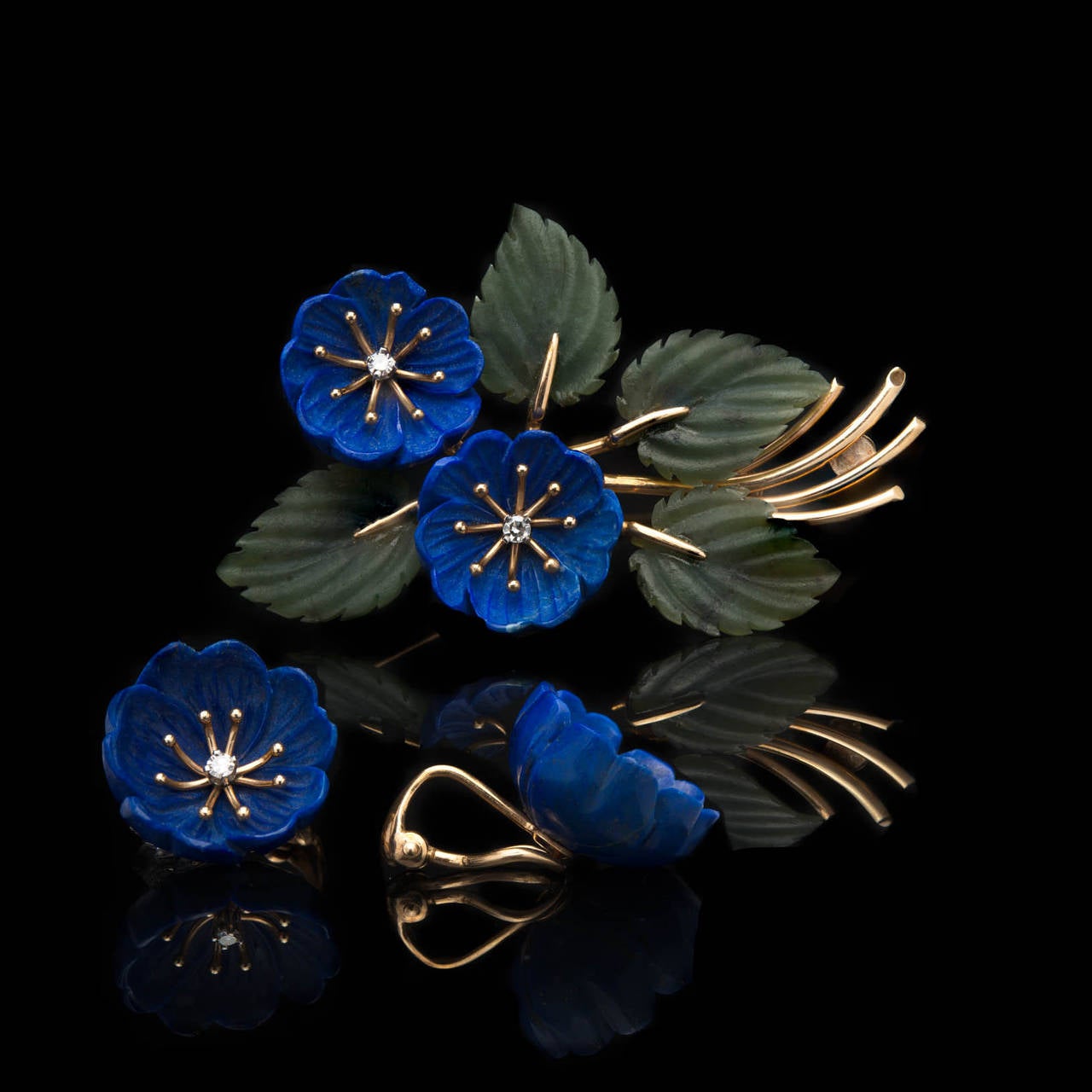 Hand Carved Lapis Lazuli and Nephrite Jade Brooch and Ear Clip Set in 14Kt Yellow Gold with 4 Single Cut Diamonds, from the Legendary San Francisco Gump's Store. The charming mid-century 62 mm long brooch and 8 mm non-pierced ear clips are in their