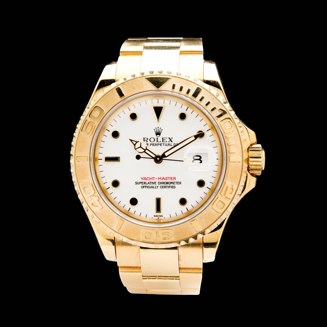 Rolex 18KT Yellow Gold Oyster Perpetual Yacht-Master with Automatic Movement. The watch has a 42mm case and fits a 6.5 inch wrist.