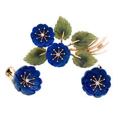 Gump’s Mid-Century Carved Gemstone Diamond Gold Earring and Brooch Set