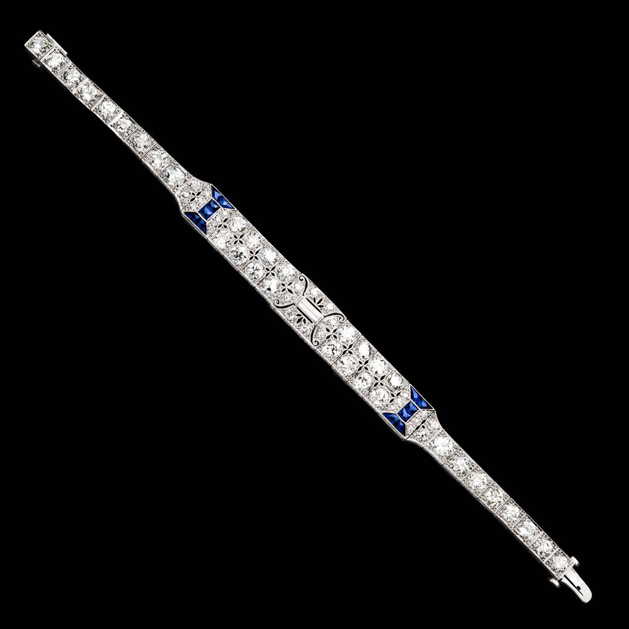 Art Deco Diamond Sapphire Platinum Bracelet In Excellent Condition In San Francisco, CA