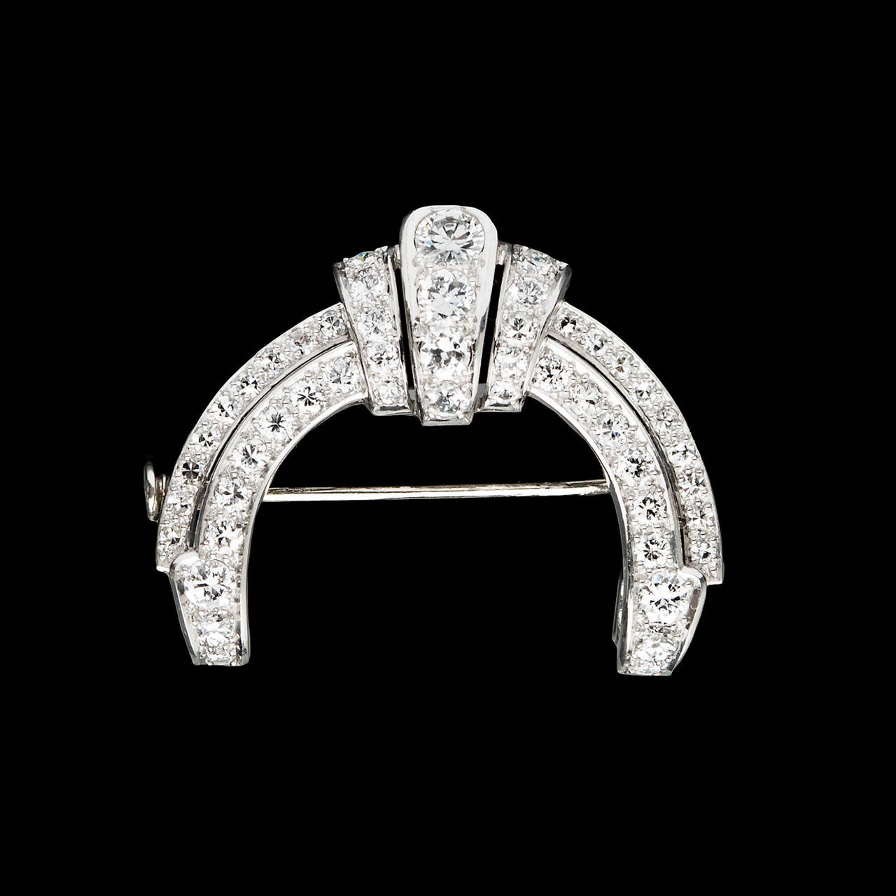 Platinum Art Deco Brooch with 50 Full Cut Diamonds for a Total Approximate Weight of 1.90 Carats. The brooch measures 1.00 x 1.25 inches and weighs 7.5 grams.