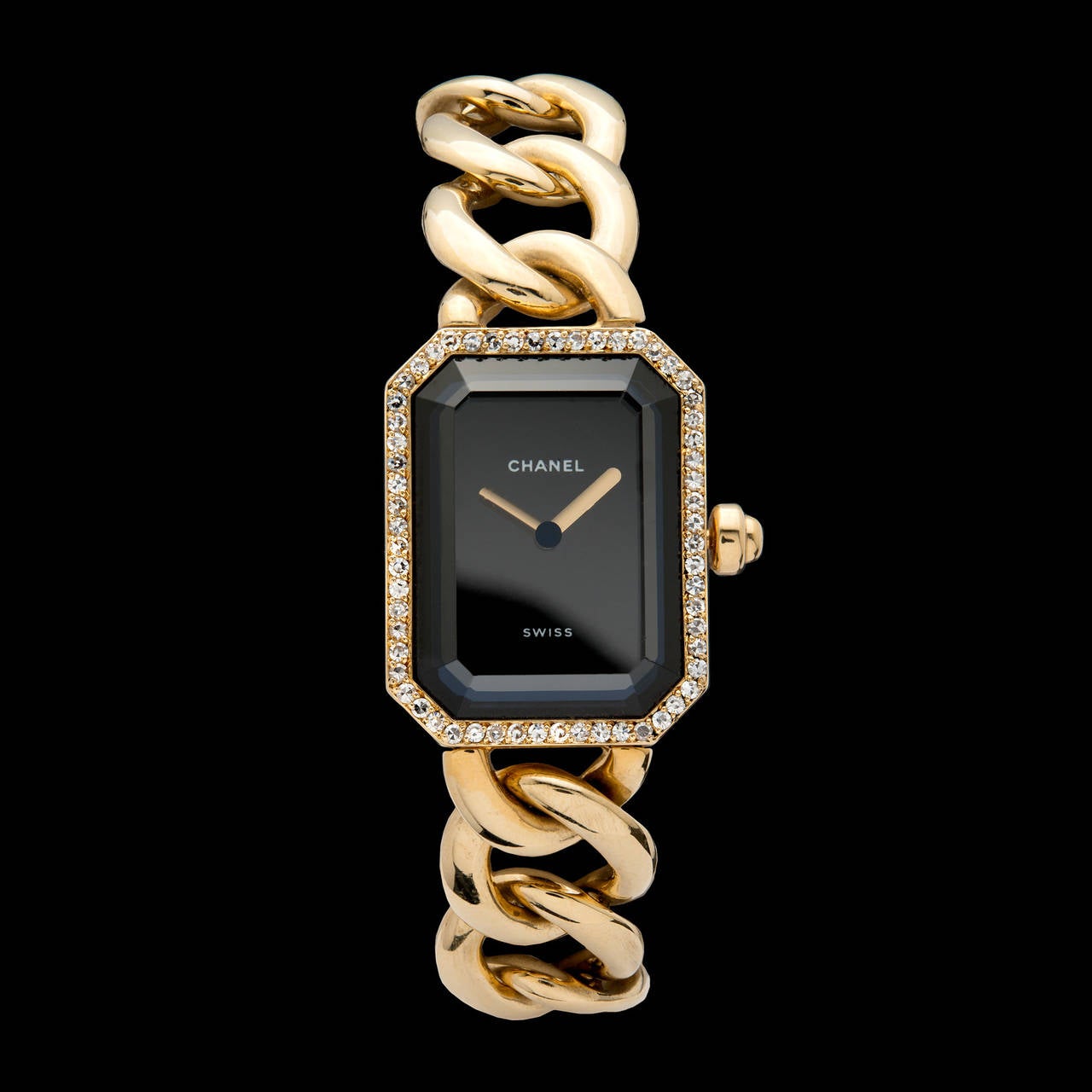 Classic Chanel 18Kt Yellow Gold Première Women's Timepiece with Diamond Bezel. The case measures 26 x 20mm and fits a 6.25 inch wrist. Chanel box is included.