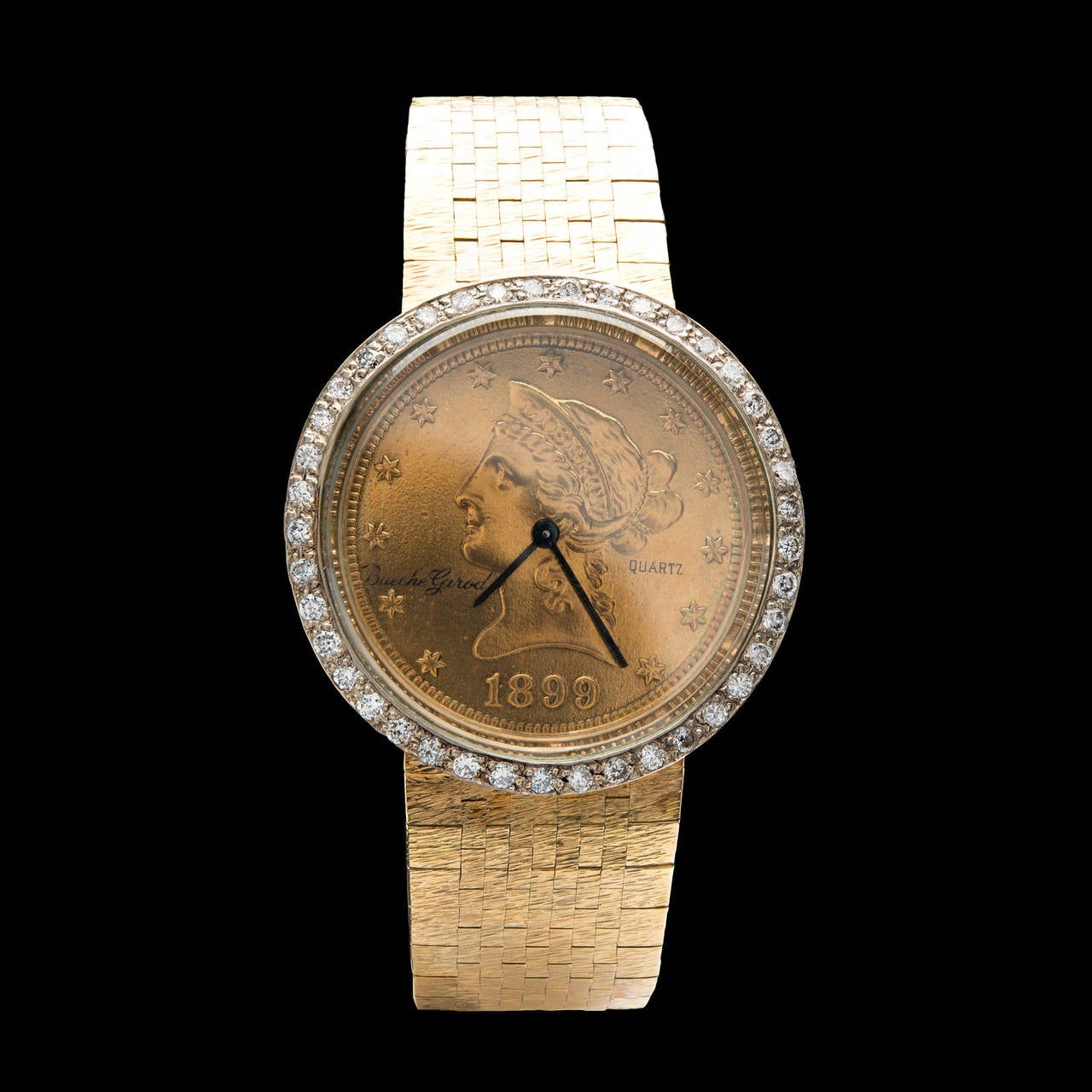 Mid-century 18Kt yellow gold 32mm Bueche Girod wristwatch featuring a $10 US gold coin watch dial. Surrounding the bezel of the watch case are 41 round full-cut diamonds totaling 0.50 carat total weight. The bracelet has two length options at the