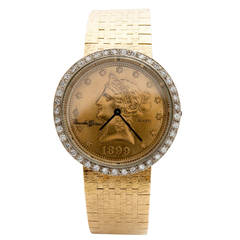 Vintage Bueche Girod Yellow Gold Diamond Coin Dial Wristwatch