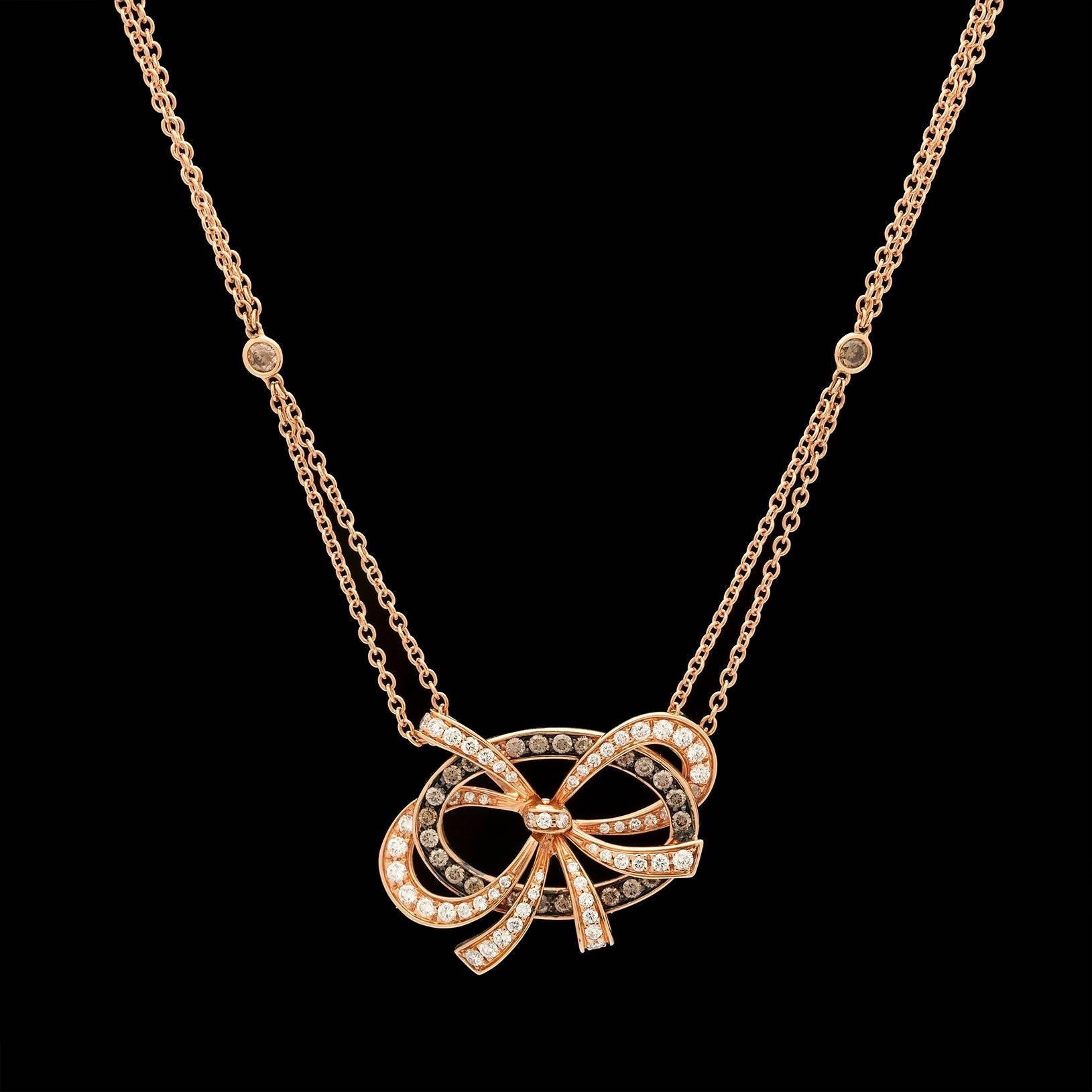 Contemporary Luca Carati 18k rose gold double chain necklace adorned with round brilliant-cut brown and white diamonds in a whimsical bow and circle design with oxidized details. The necklace can be worn at 16 or 15 inches. Total weight is 11.1