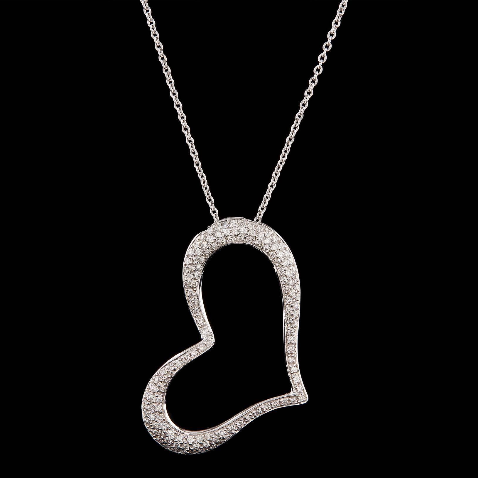 Contemporary 18k white gold Salavetti necklace featuring a heart pendant pavé-set with round brilliant cut diamonds totaling 0.78cttw, suspended from an 18 inch cable link chain that can be worn at different lengths.  This piece weighs 8.4 grams. 