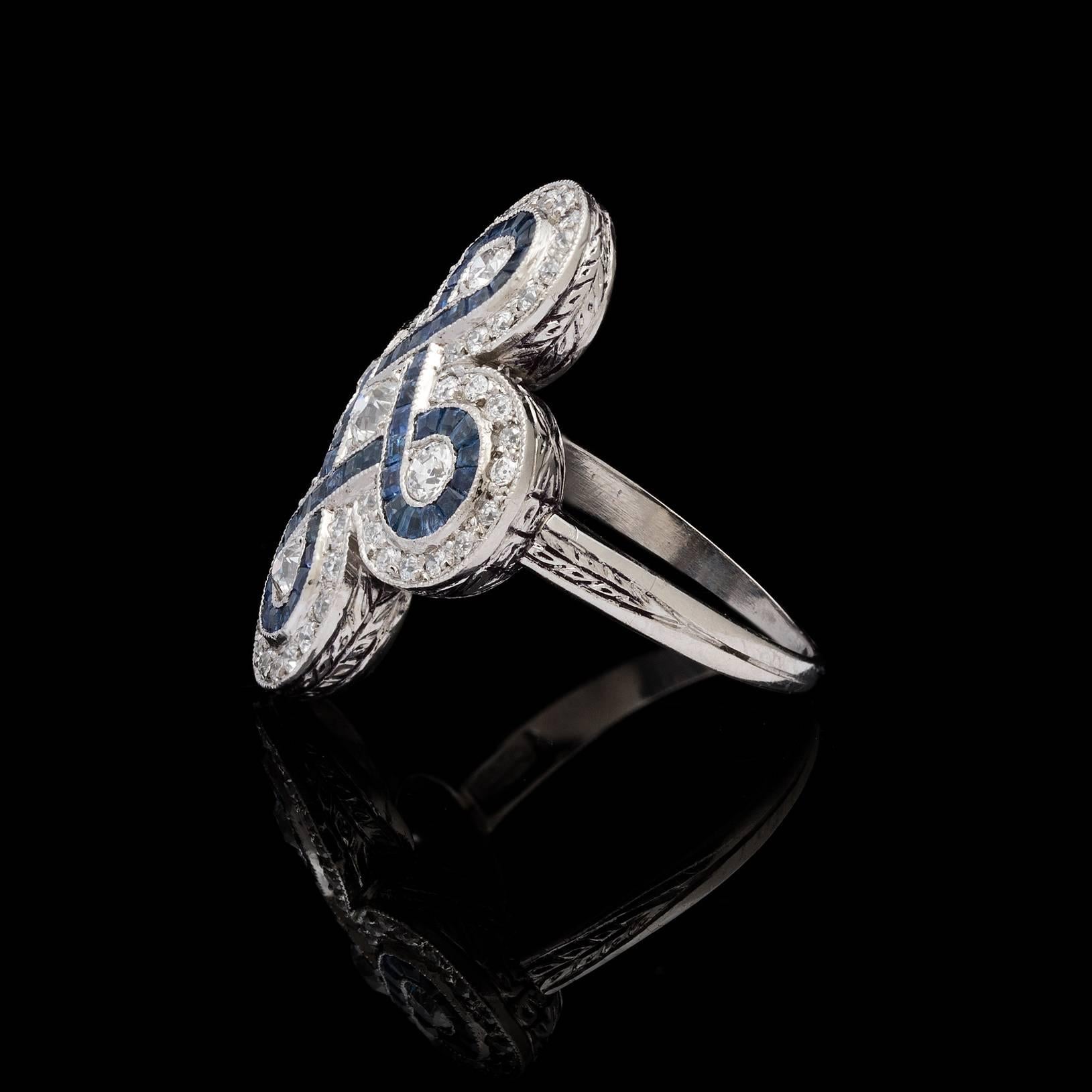 Art Deco Deco Style Sapphire & European-Cut Diamond Platinum Ring