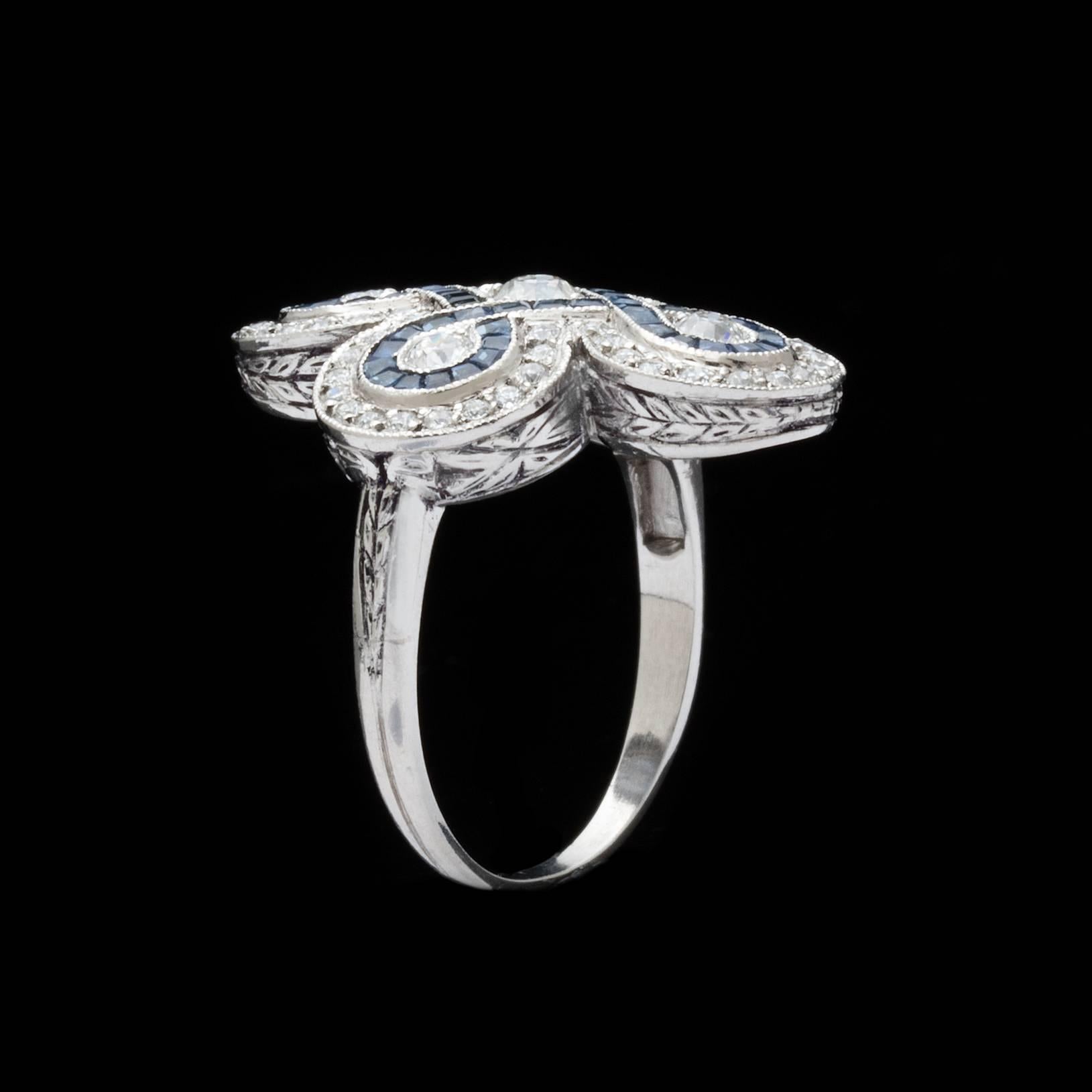 Old European Cut Deco Style Sapphire & European-Cut Diamond Platinum Ring