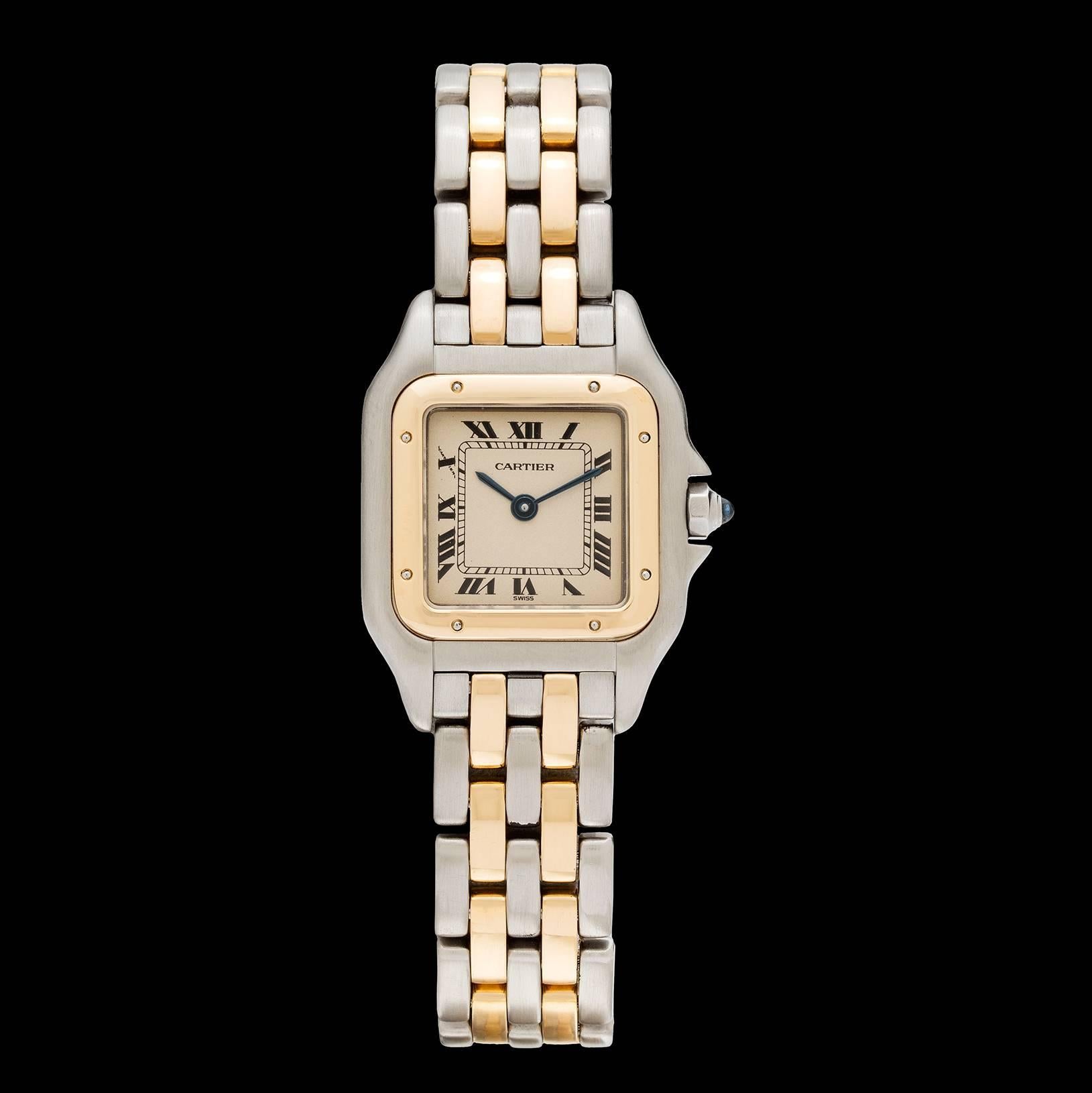 Cartier steel and 18k yellow gold Panthère watch, with quartz movement, 21mm case and hidden deployant clasp. The watch fits a 6 3/4 inch wrist. A classic design for all seasons.