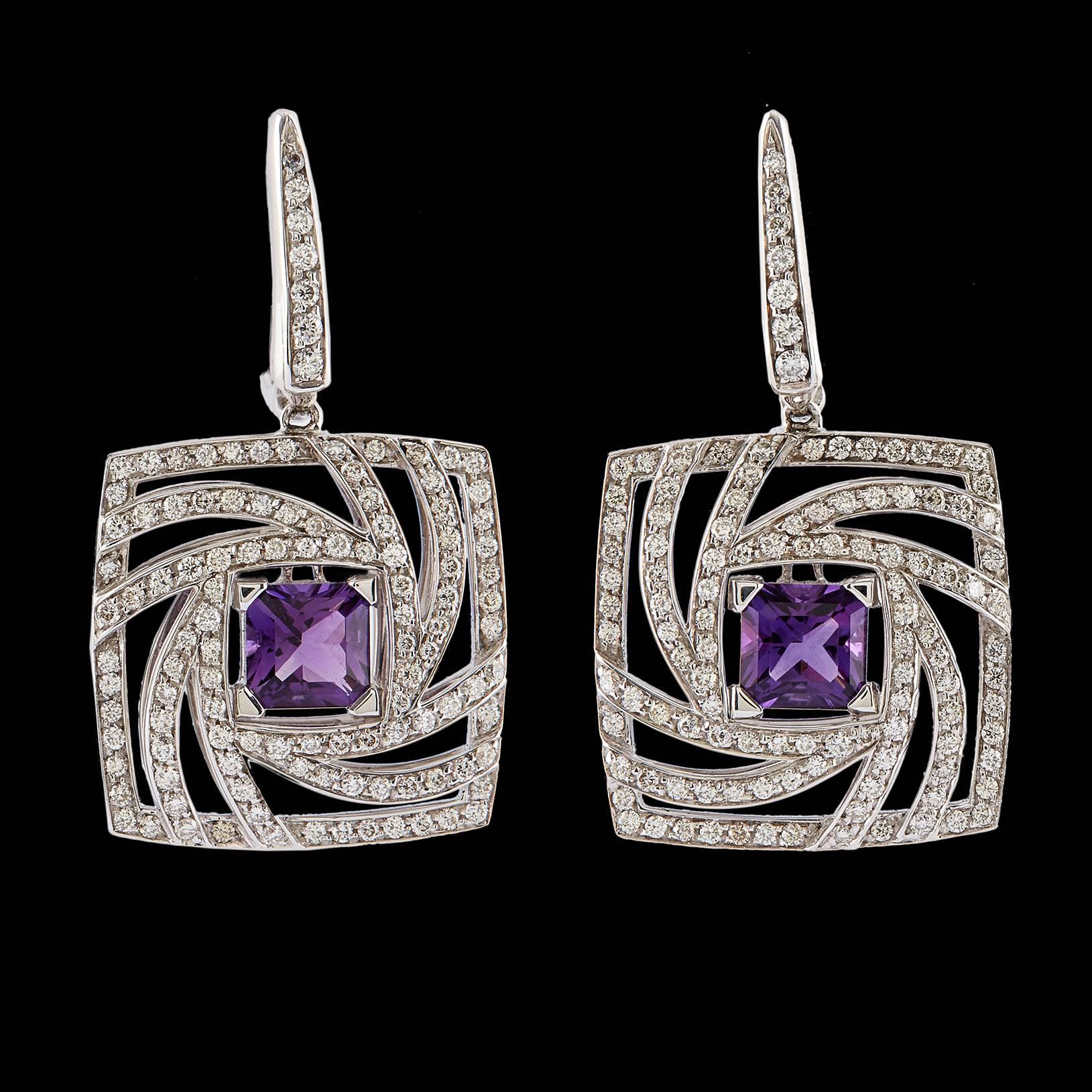 Luca Carati square shape amethyst and swirling diamond dangle earrings with a total carat weight of 2.33 for the amethyst and 1.73 carat total diamond weight.  The diamonds are in the F-G/VS quality range. These statement earrings measure 21.5mm