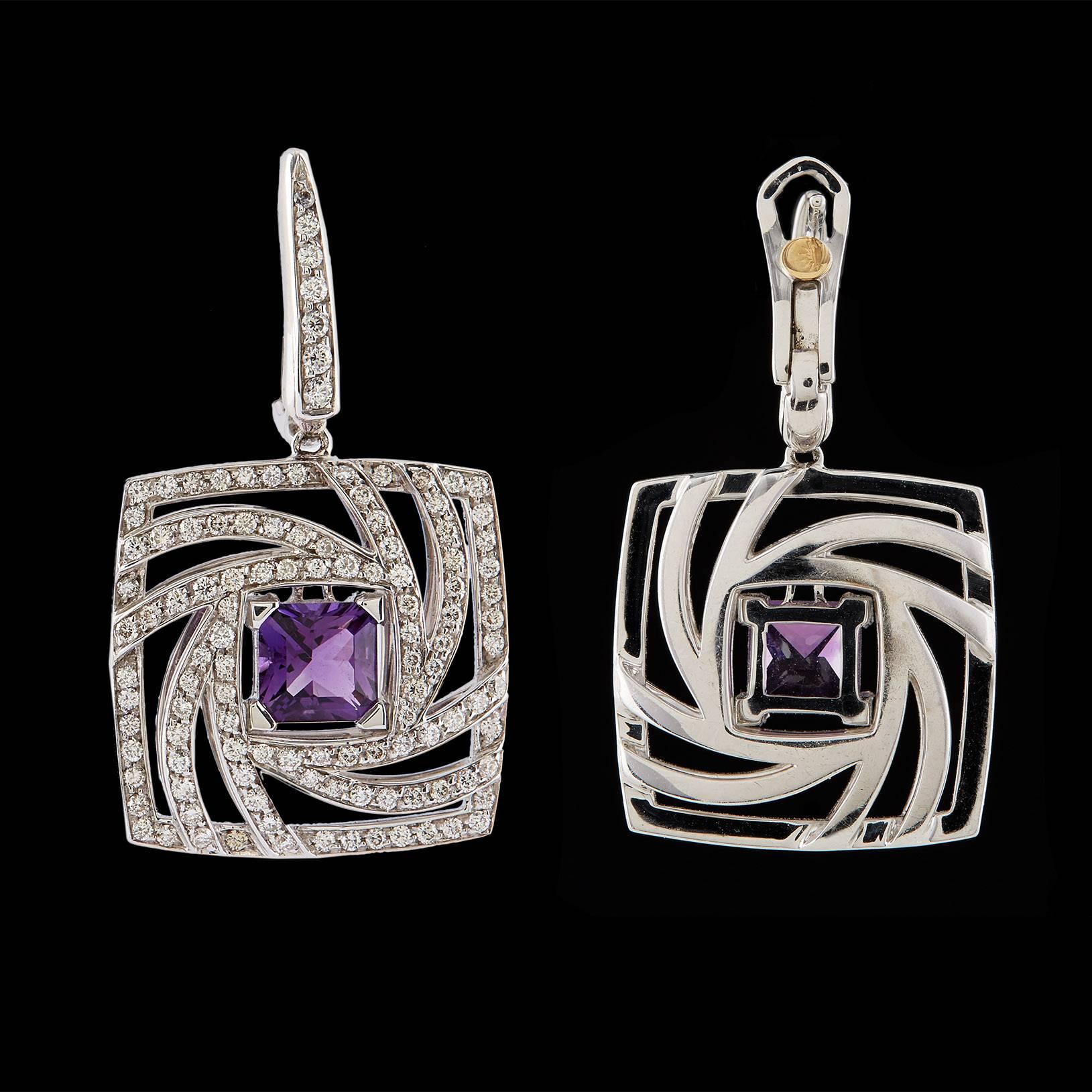 Octagon Cut Luca Carati Amethyst Diamond Gold Earrings For Sale