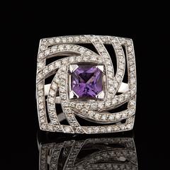 Luca Carati Amethyst Diamond Gold Square Swirl Ring