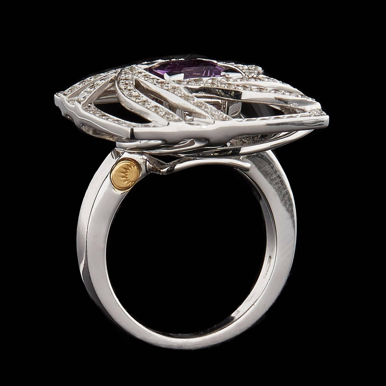 Contemporary Luca Carati Amethyst Diamond Gold Square Swirl Ring For Sale