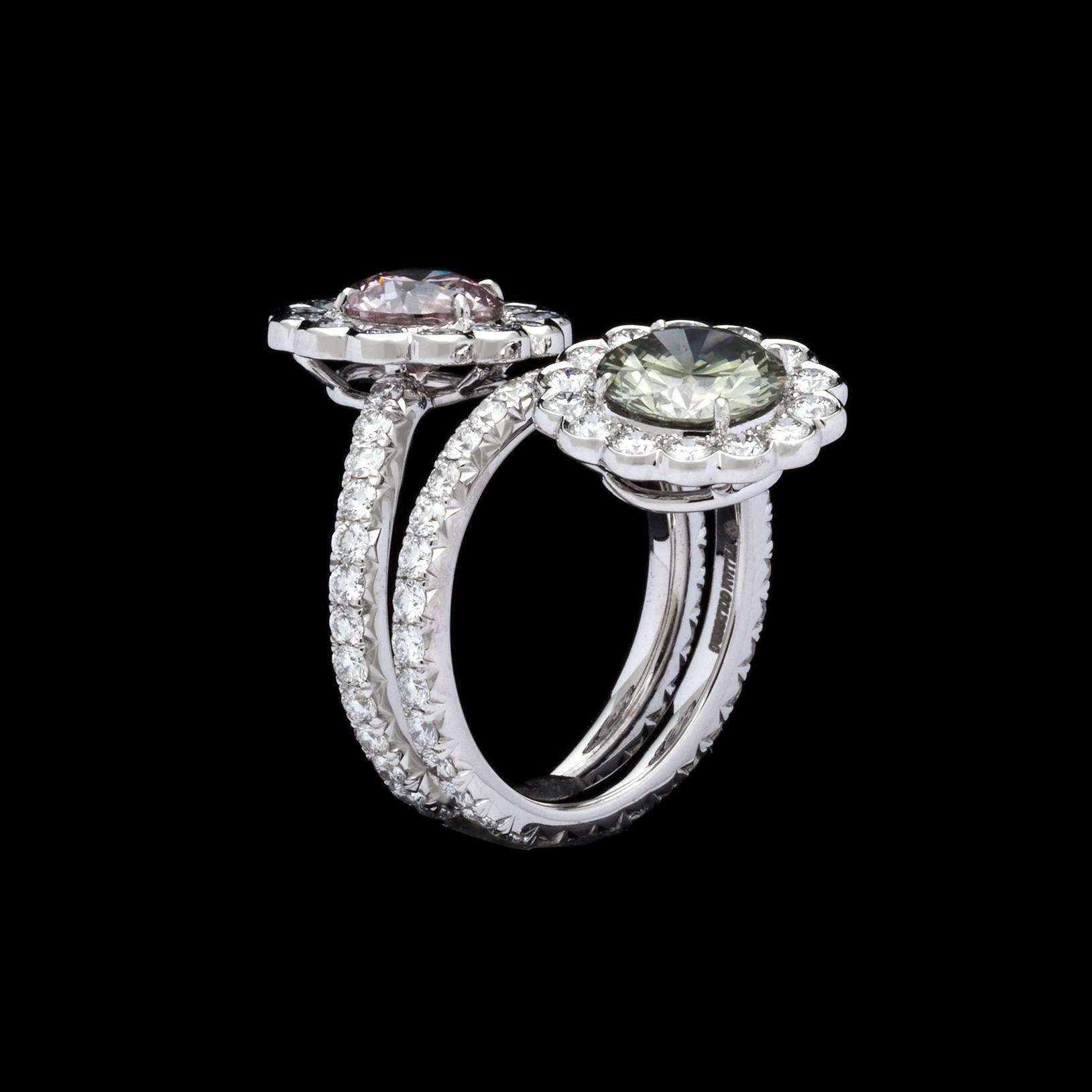 GIA Fancy Color Diamond Gold Flower Bypass Ring In Excellent Condition For Sale In San Francisco, CA