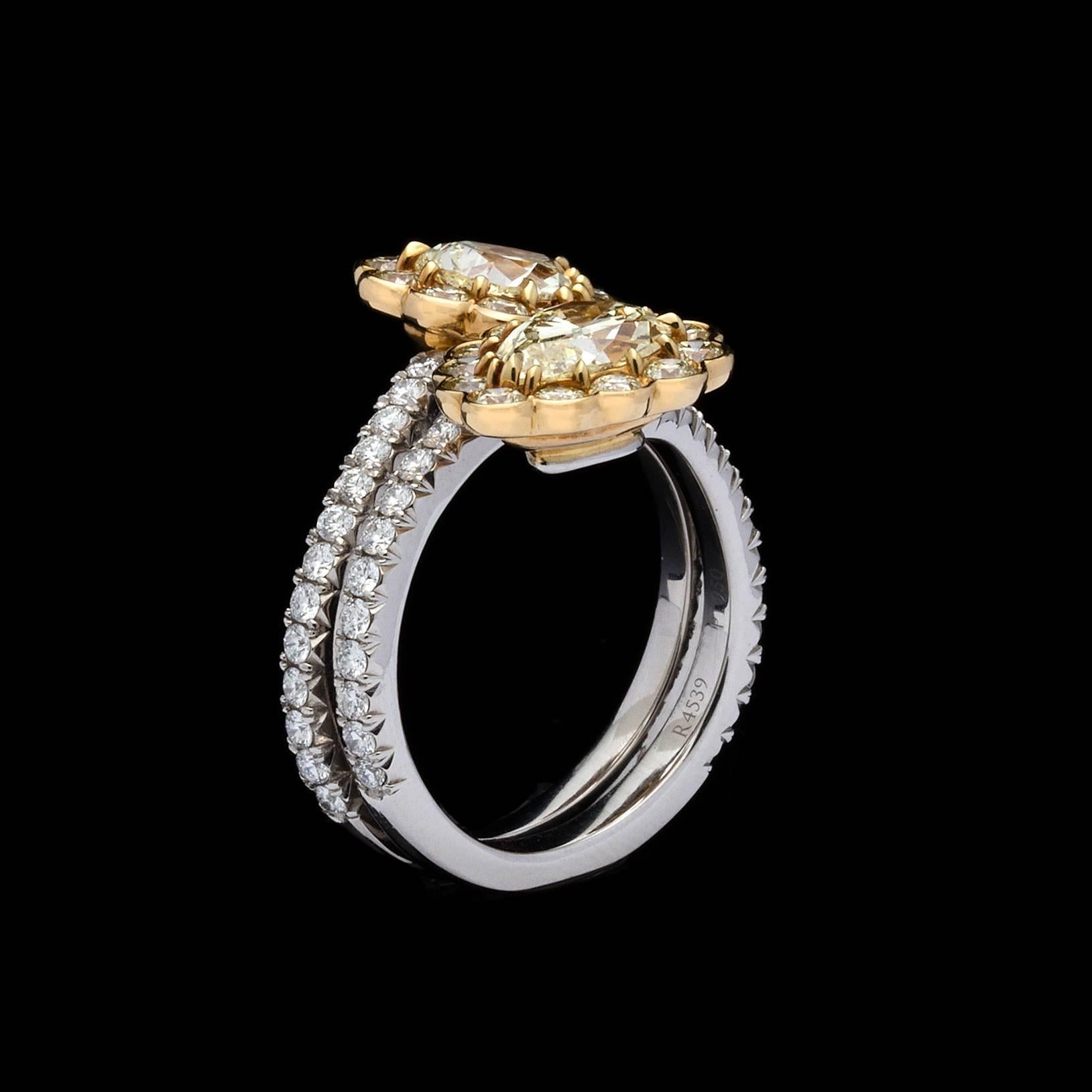 GIA Fancy Light Yellow Diamond gold platinum Flower Bypass Ring In Excellent Condition In San Francisco, CA