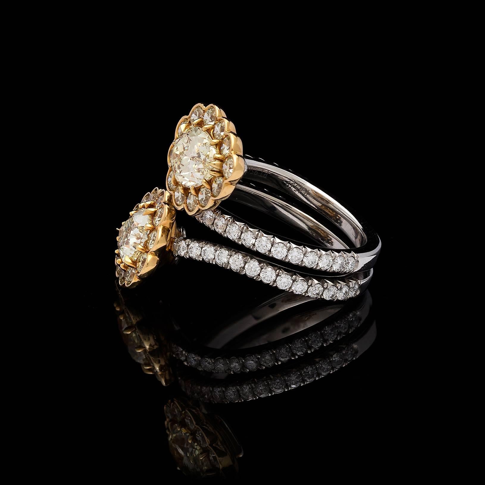 Contemporary GIA Fancy Light Yellow Diamond gold platinum Flower Bypass Ring