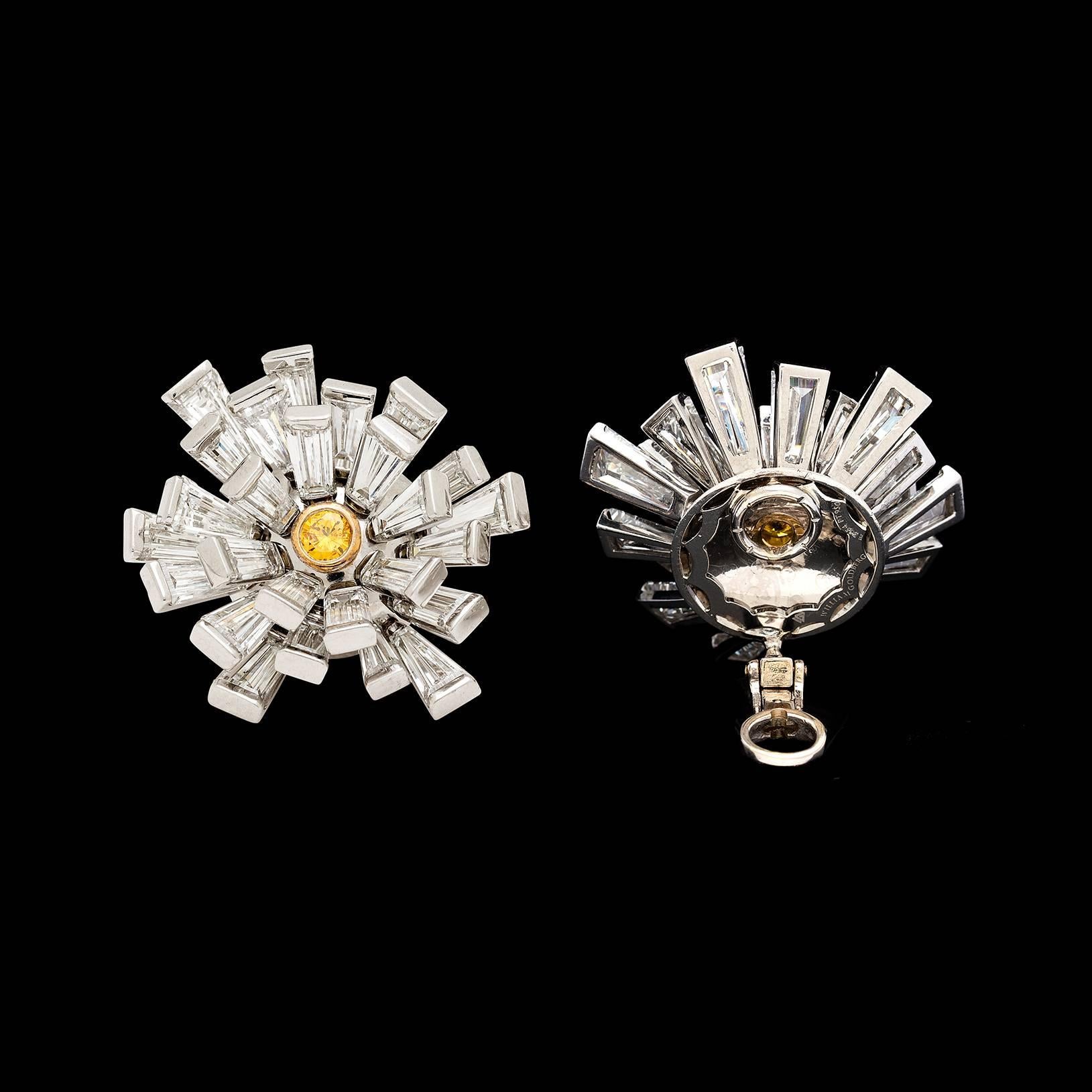 Women's Vivid Yellow Diamond Gold Platinum Cluster Earrings For Sale
