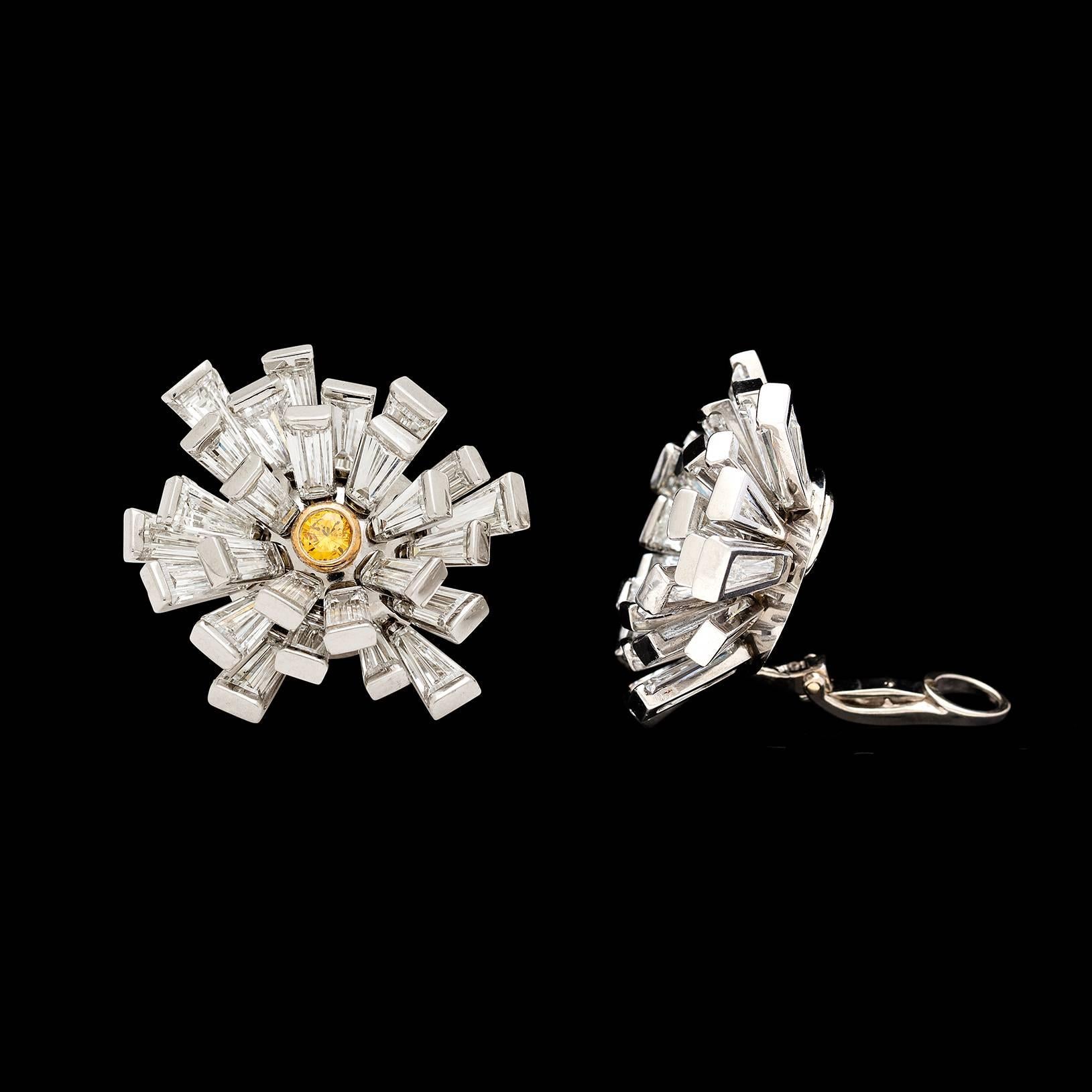 Vivid Yellow Diamond Gold Platinum Cluster Earrings In New Condition For Sale In San Francisco, CA