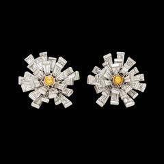 Vivid Yellow Diamond Gold Platinum Cluster Earrings