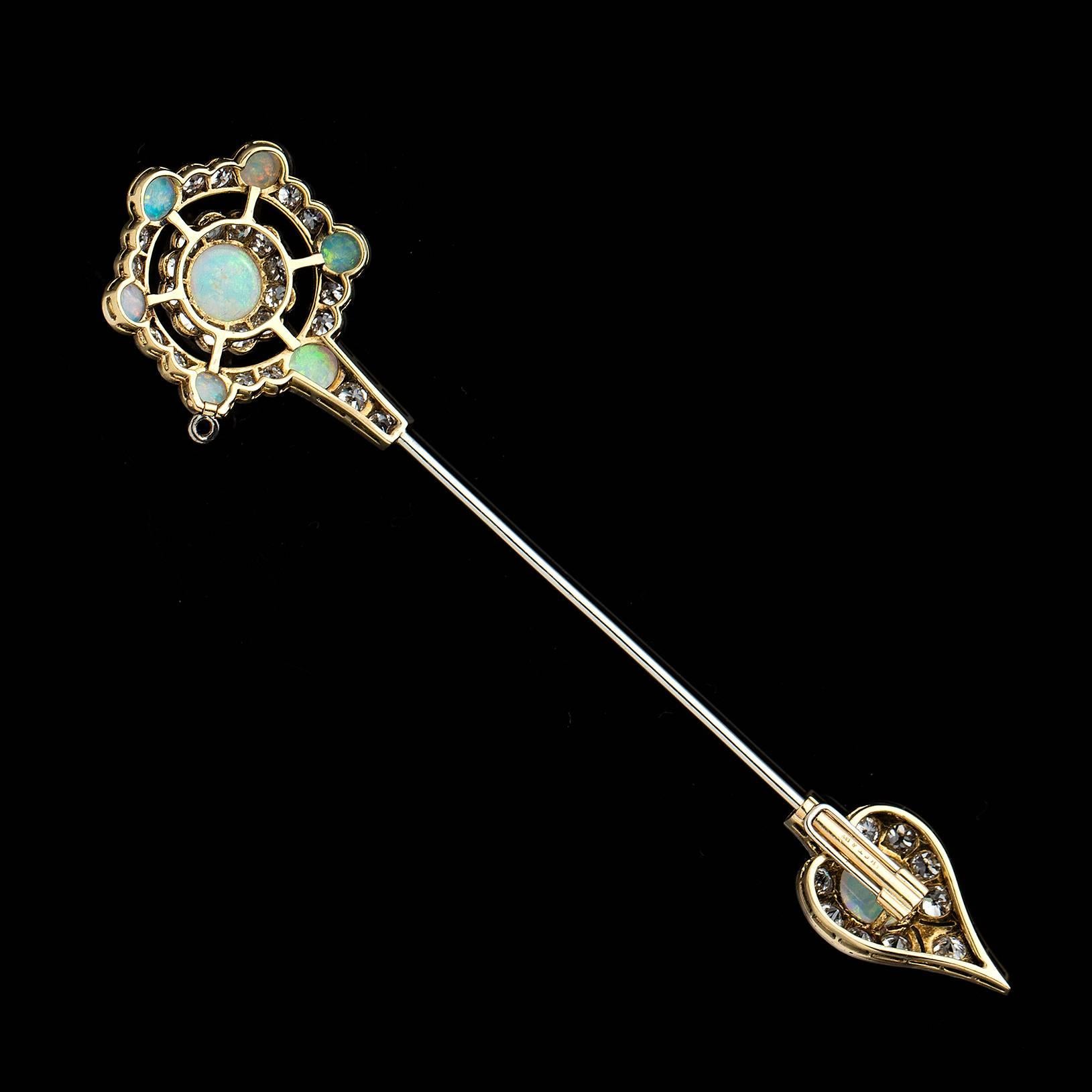 Antique Opal and Diamond Jabot Brooch, Circa 1915 In Excellent Condition In San Francisco, CA