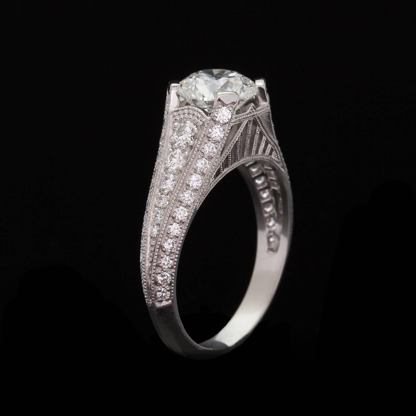 Round Cut Custom French GIA 1.55 Carat Diamond Platinum Ring  For Sale