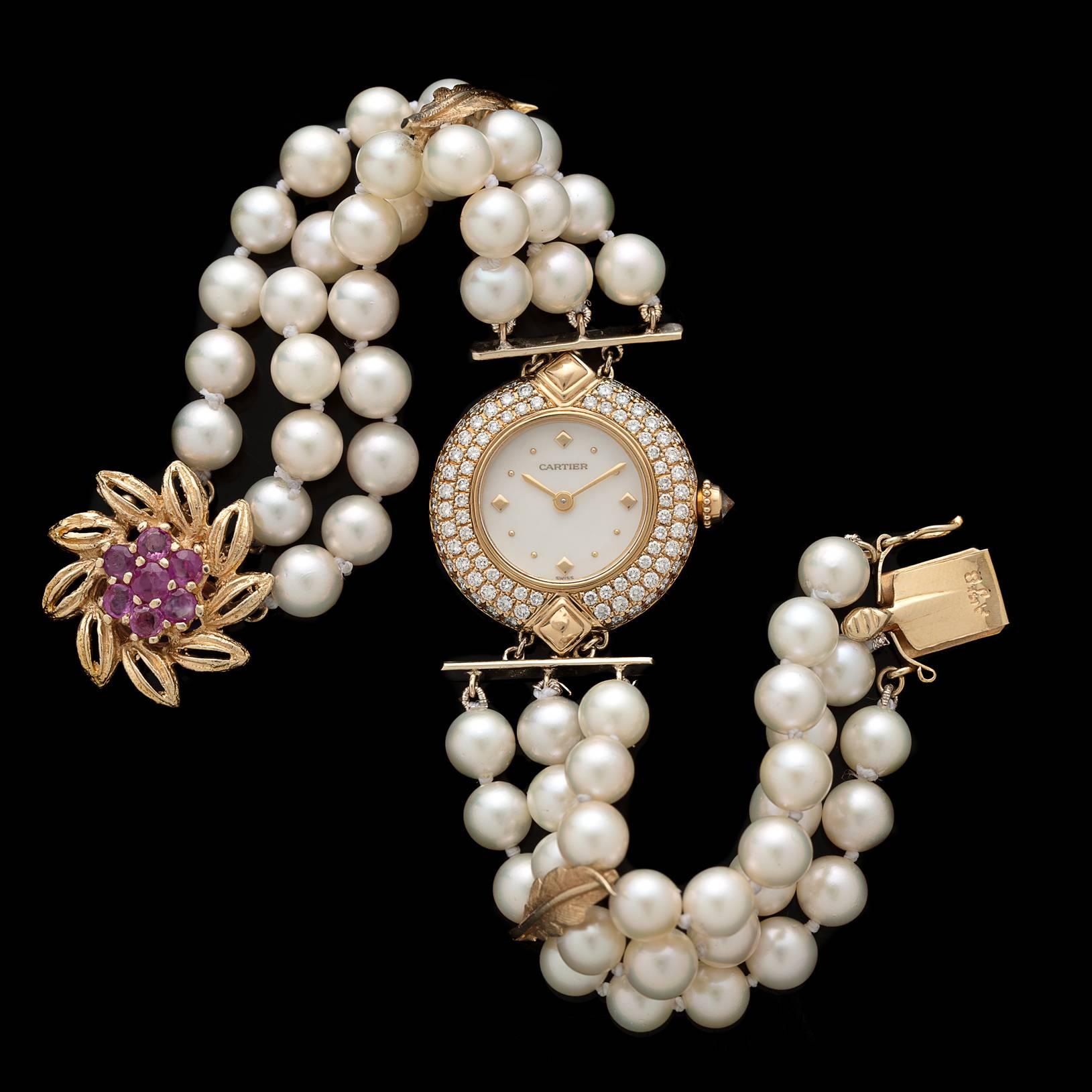 Cartier Ladies Yellow Gold Diamond Pearl One-of-a-Kind Wristwatch In Excellent Condition In San Francisco, CA