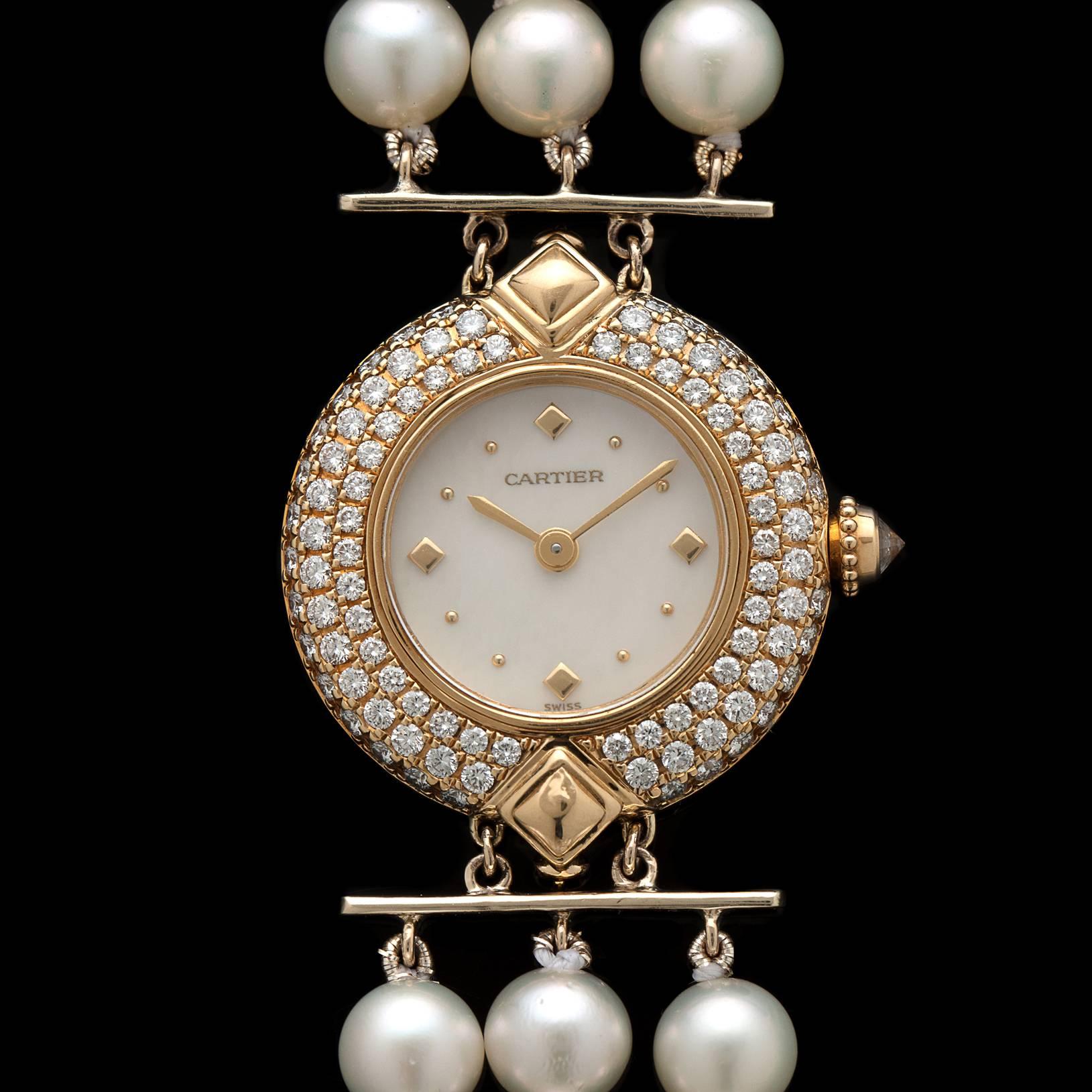 Women's Cartier Ladies Yellow Gold Diamond Pearl One-of-a-Kind Wristwatch