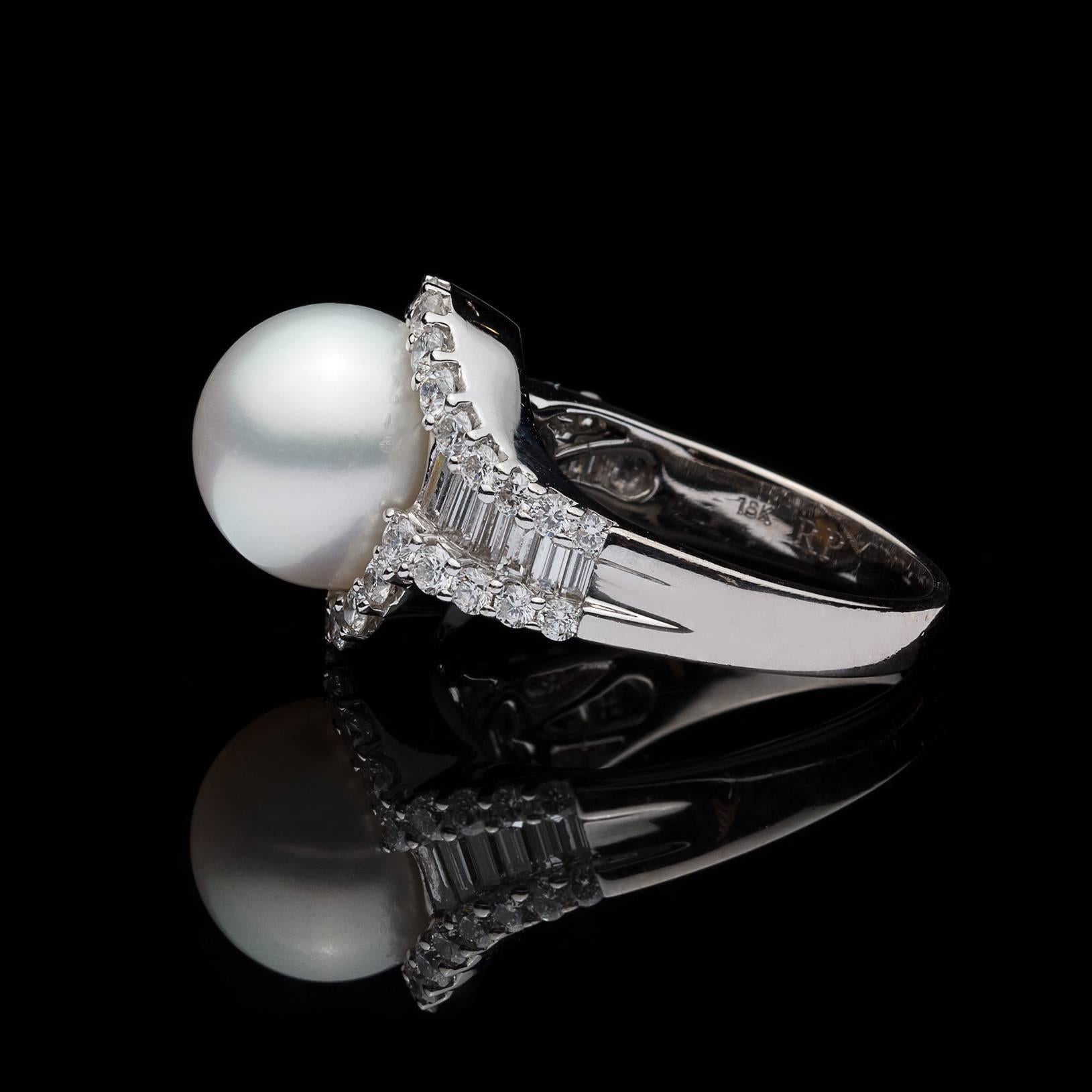 Baguette Cut Pearl Diamond White Gold Ring