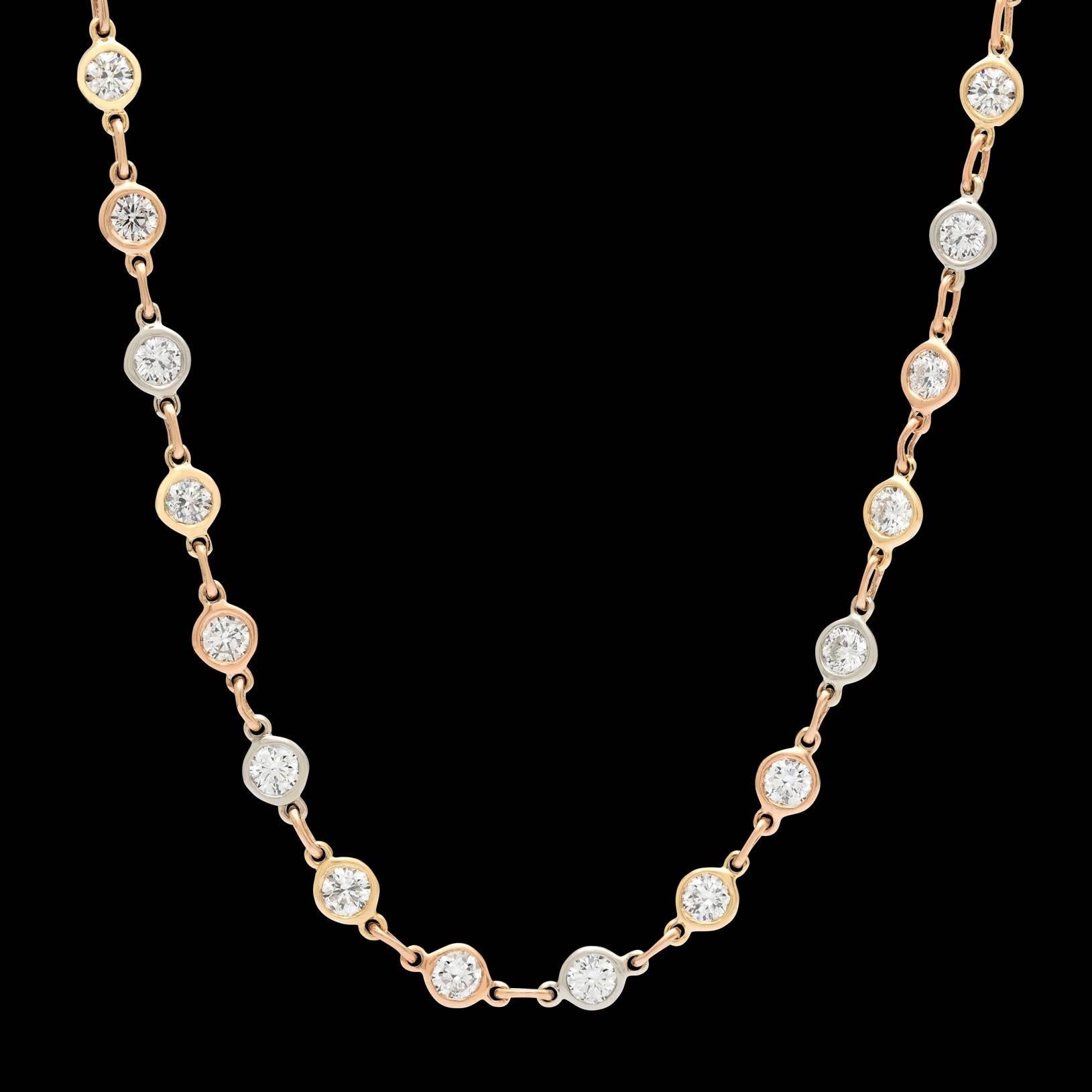 Impressive 19.80 Carat Rose White Yellow Gold Diamond Line Link Necklace In Excellent Condition In San Francisco, CA