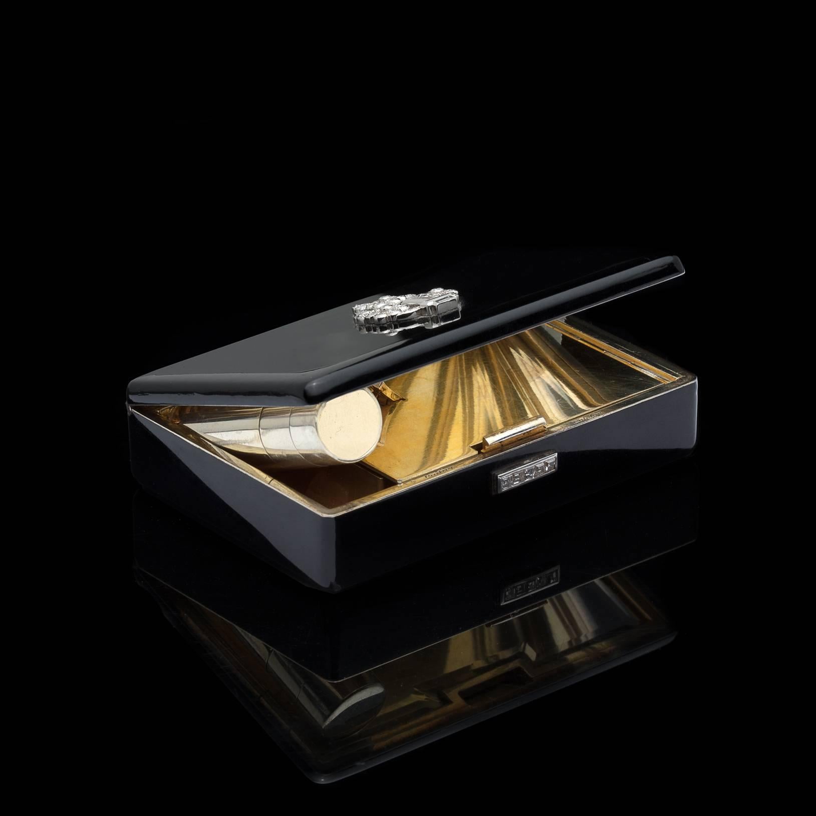 Art Deco Cartier London Diamond Lacquer Compact In Excellent Condition In San Francisco, CA