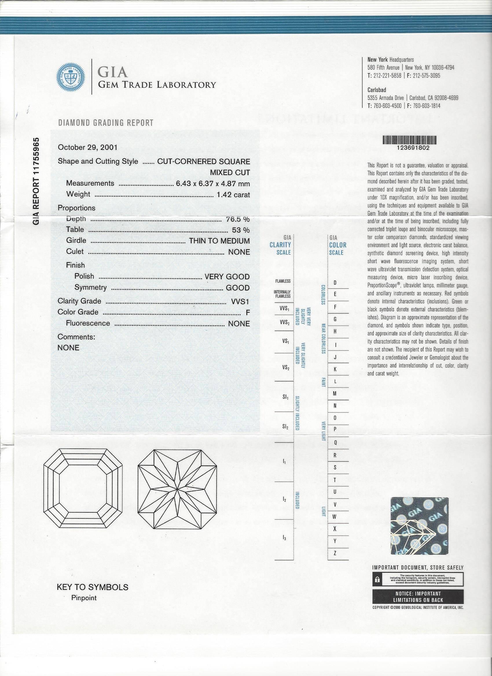 Women's GIA 1.42 Carat F/VVS1 Cut-Cornered Square Mixed Cut Platinum Ring For Sale